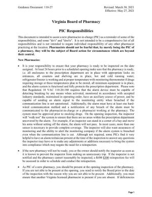 Checklist of PIC Responsibilities Guidance Document 110-27