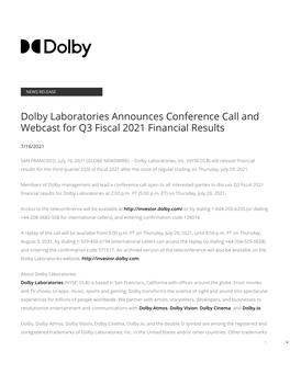 Dolby Laboratories Announces Conference Call and Webcast for Q3 Fiscal 2021 Financial Results