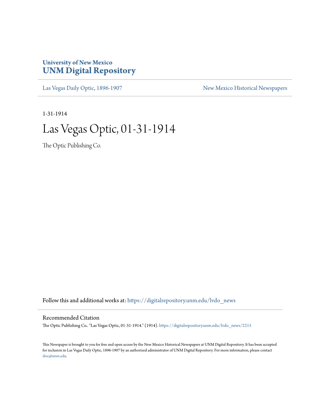 Las Vegas Optic, 01-31-1914 the Optic Publishing Co