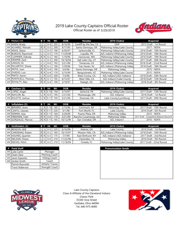 2019 Lake County Captains Official Roster Official Roster As of 3/29/2019