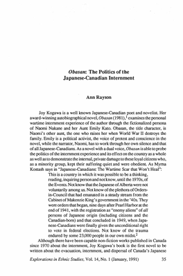 Obasan: the Politics of the Japanese-Canadian Internment