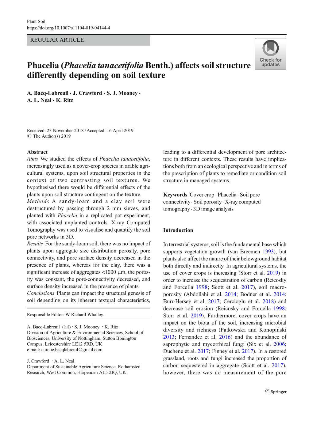 Phacelia (Phacelia Tanacetifolia Benth.) Affects Soil Structure Differently Depending on Soil Texture