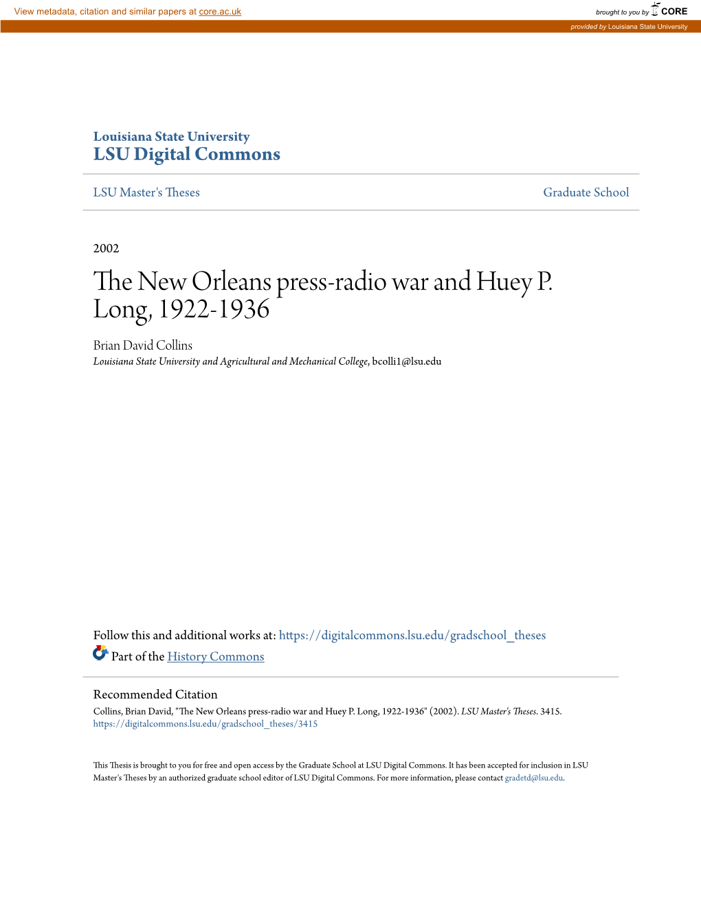 The New Orleans Press-Radio War and Huey P. Long, 1922-1936