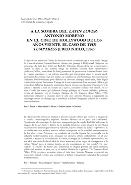 A La Sombra Del Latin Lover: Antonio Moreno En El Cine De Hollywood De Los Años Veinte