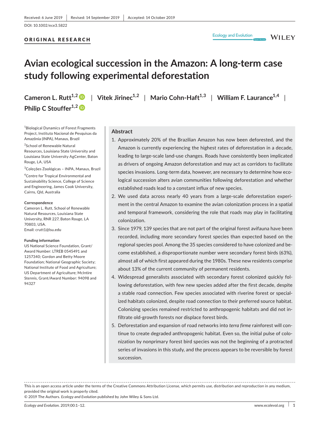 Avian Ecological Succession in the Amazon: a Long‐Term Case Study Following Experimental Deforestation