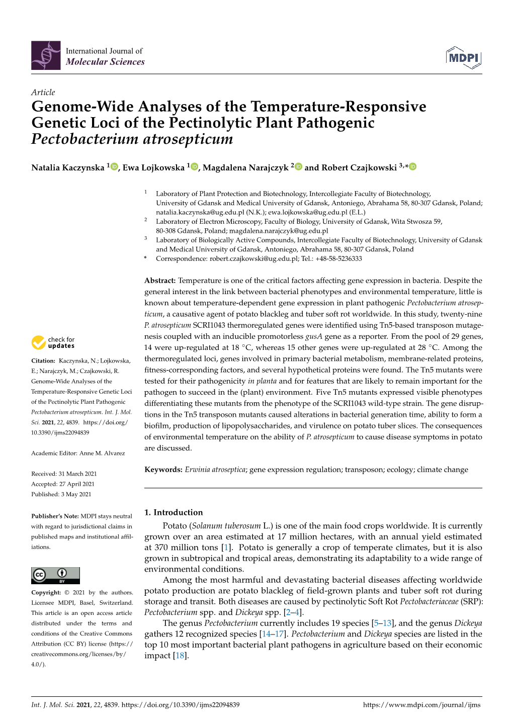 Genome-Wide Analyses of the Temperature-Responsive Genetic Loci of the Pectinolytic Plant Pathogenic Pectobacterium Atrosepticum