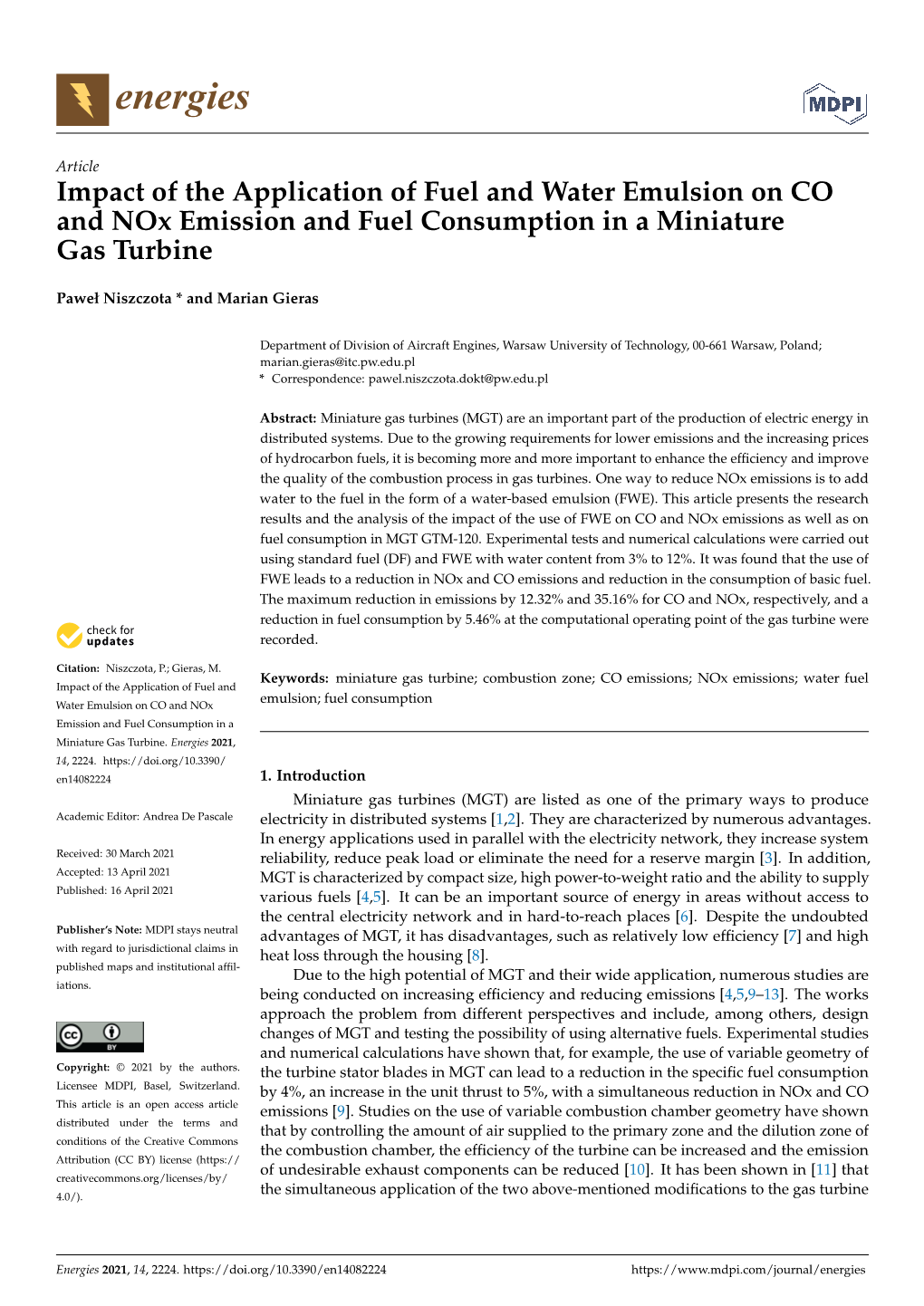 Impact of the Application of Fuel and Water Emulsion on CO and Nox Emission and Fuel Consumption in a Miniature Gas Turbine