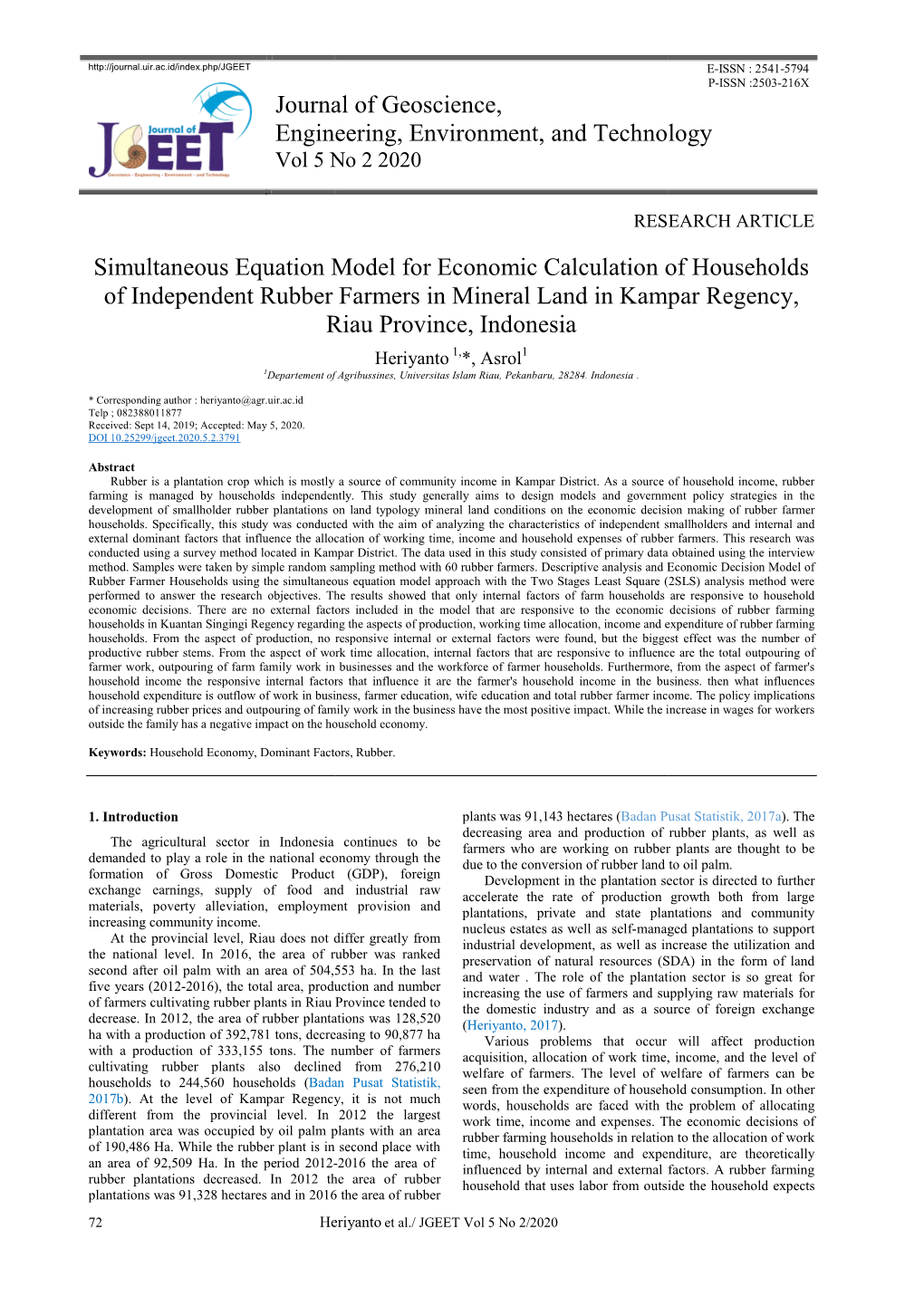 Journal of Geoscie Engineering, Envir Simultaneous Equation Model For