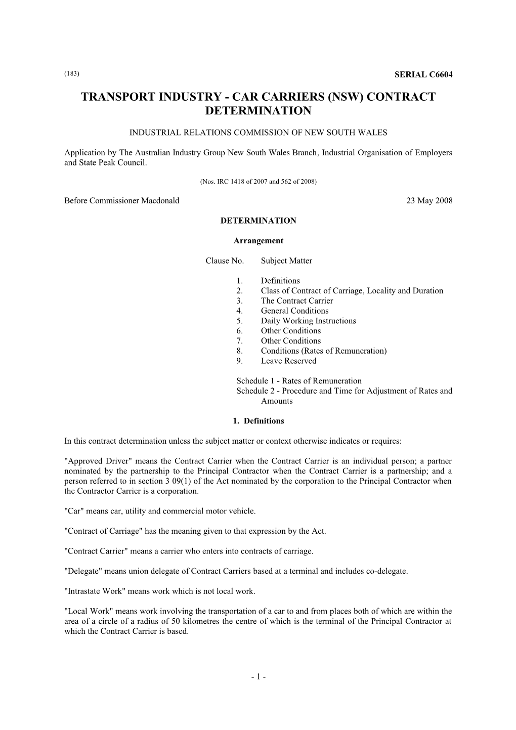 Transport Industry - Car Carriers (NSW) Contract Determination