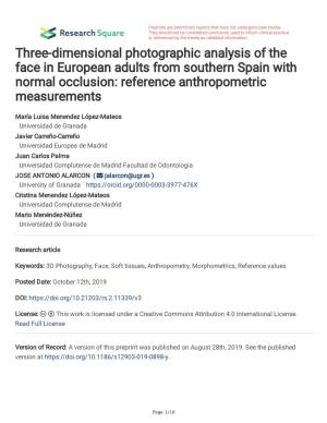 Three-Dimensional Photographic Analysis of the Face in European Adults from Southern Spain with Normal Occlusion: Reference Anthropometric Measurements