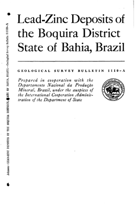 Lead-Zinc Deposits of the Boquira District State of Bahia, Brazil