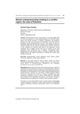 Women Entrepreneurship Working in a Conflict Region: the Case of Palestine