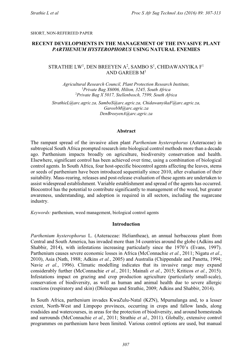 Recent Developments in the Management of the Invasive Plant Parthenium Hysterophorus Using Natural Enemies