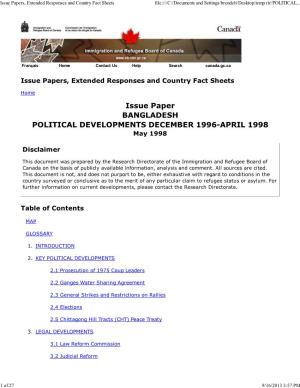 Issue Paper BANGLADESH POLITICAL DEVELOPMENTS DECEMBER 1996-APRIL 1998 May 1998