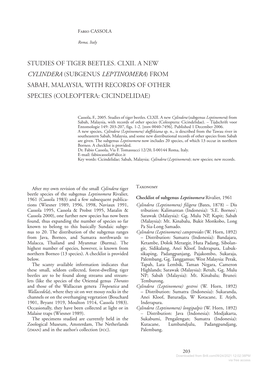 Studies of Tiger Beetles. CLXII. a New Cylindera (Subgenus LEPTINOMERA) from Sabah, Malaysia, with RECORDS of Other Species (Coleoptera: Cicindelidae)