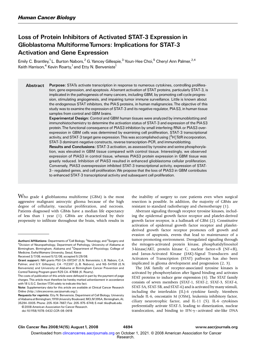 Loss of Protein Inhibitors of Activated STAT-3 Expression in Glioblastoma Multiformetumors: Implications for STAT-3 Activation and Gene Expression Emily C