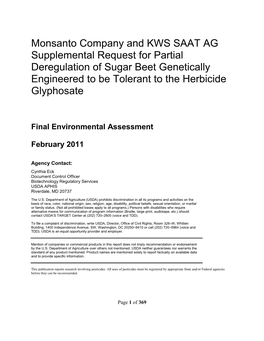 Monsanto Company and KWS SAAT AG Supplemental Request for Partial Deregulation of Sugar Beet Genetically Engineered to Be Tolerant to the Herbicide Glyphosate