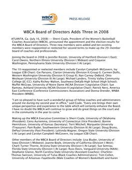 WBCA Board of Directors Adds Three in 2008 2008-09 071608