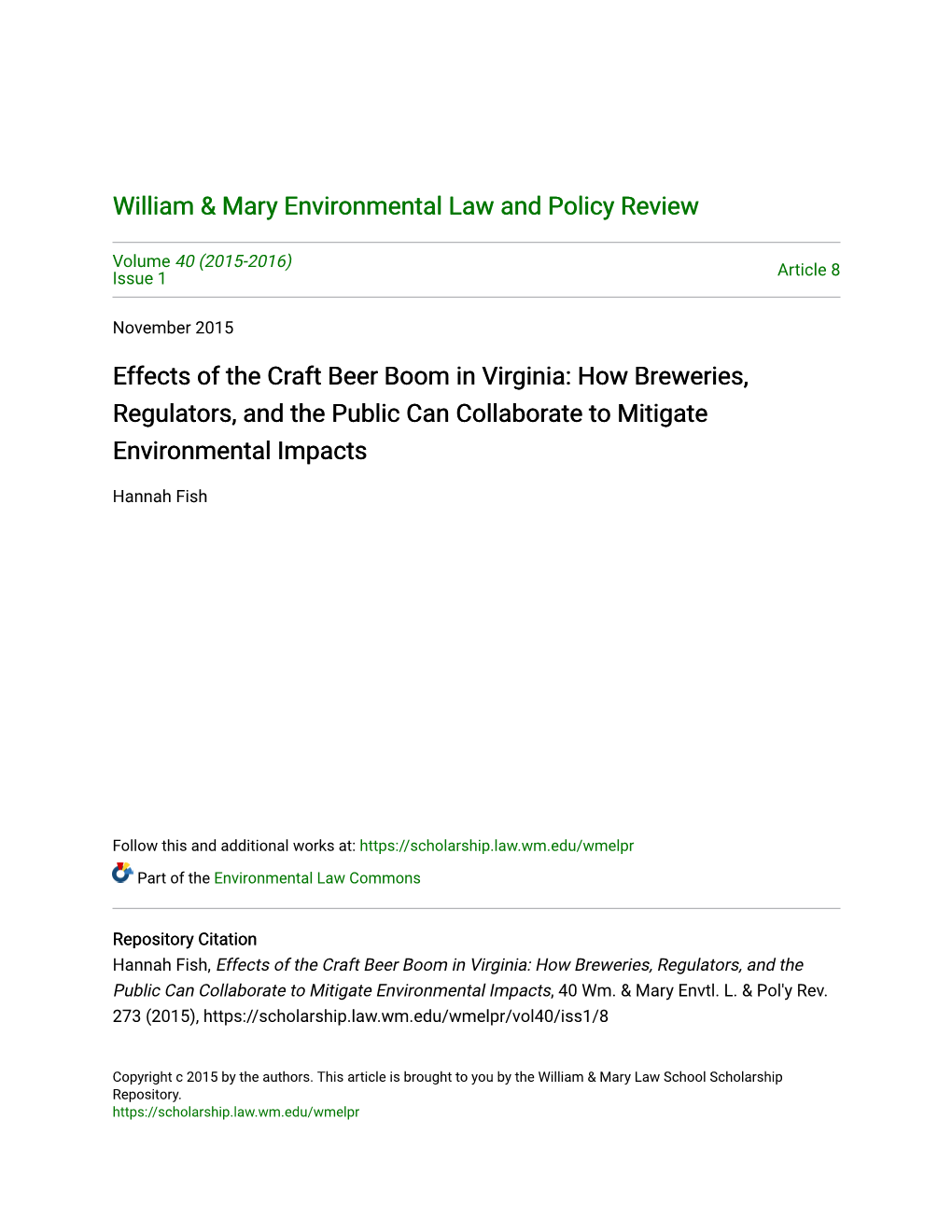 Effects of the Craft Beer Boom in Virginia: How Breweries, Regulators, and the Public Can Collaborate to Mitigate Environmental Impacts