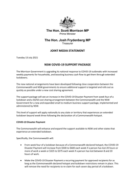 The Hon. Scott Morrison MP the Hon. Josh Frydenberg MP JOINT MEDIA STATEMENT NSW COVID-19 SUPPORT PACKAGE