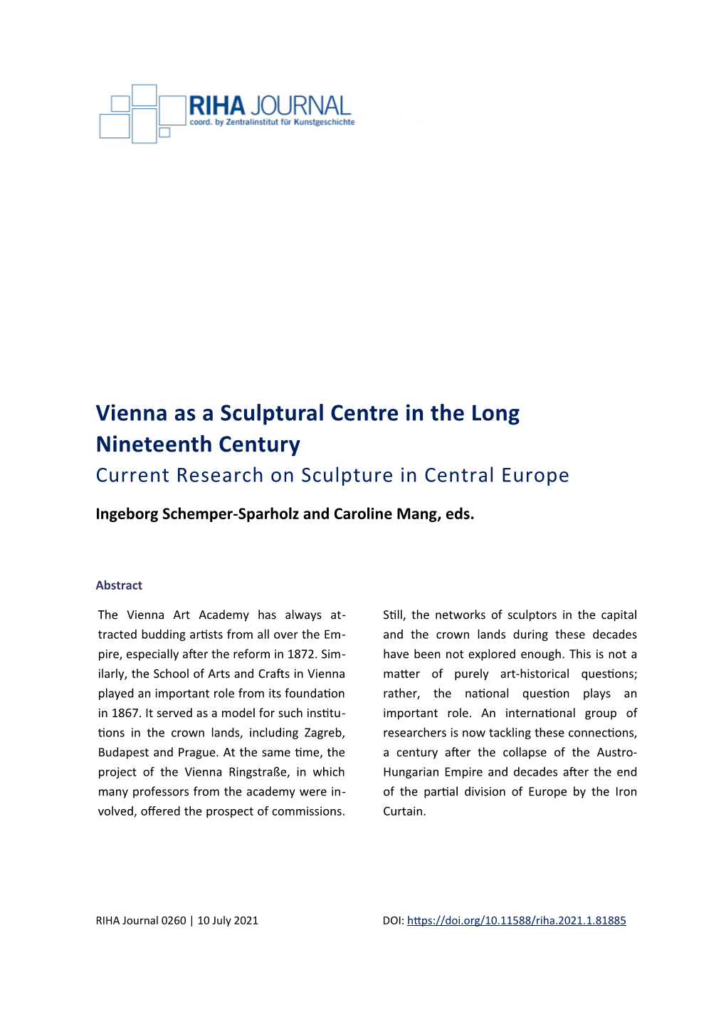 Vienna As a Sculptural Centre in the Long Nineteenth Century Current Research on Sculpture in Central Europe