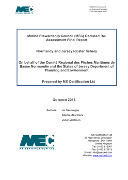 Marine Stewardship Council (MSC) Reduced Re-Assessment Client