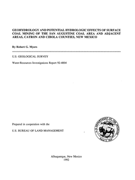 Geohydrology and Potential Hydrologic Effects of Surface Coal Mining of the San Augustine Coal Area and Adjacent Areas, Catron and Cibola Counties, New Mexico