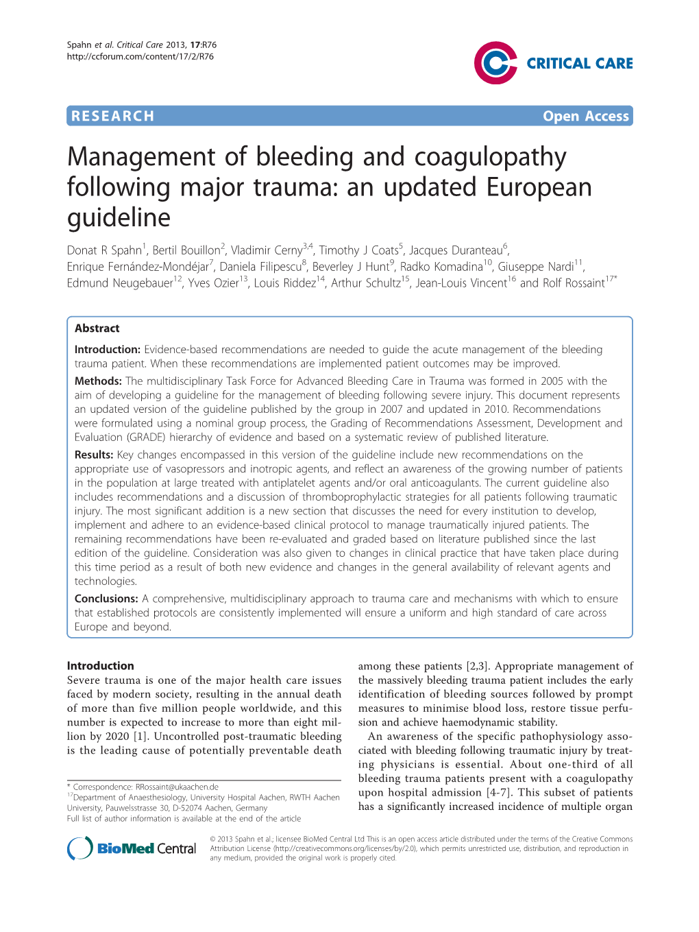 Management of Bleeding and Coagulopathy Following Major Trauma