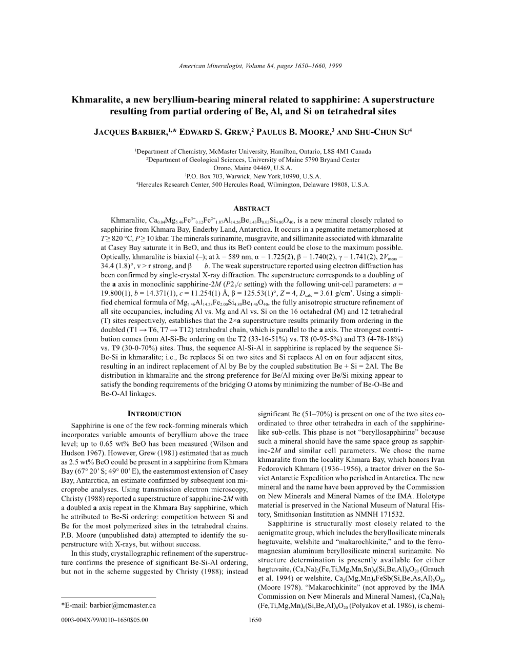 Khmaralite, a New Beryllium-Bearing Mineral Related to Sapphirine: a Superstructure Resulting from Partial Ordering of Be, Al, and Si on Tetrahedral Sites