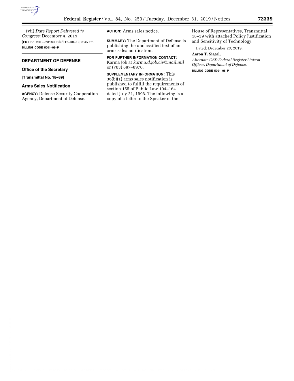 Federal Register/Vol. 84, No. 250/Tuesday, December 31, 2019