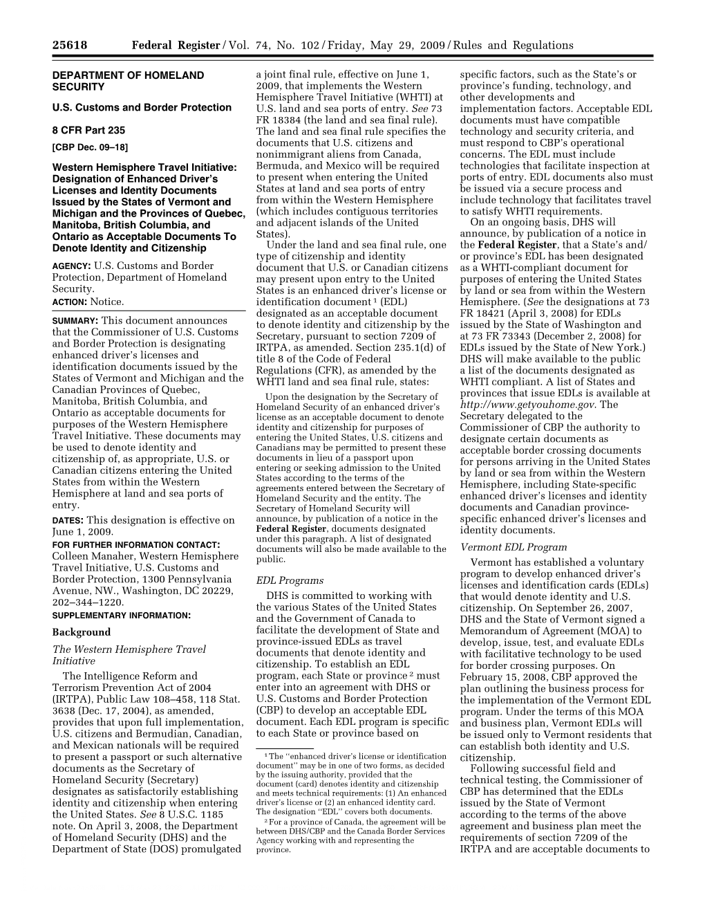 Federal Register/Vol. 74, No. 102/Friday, May 29, 2009/Rules