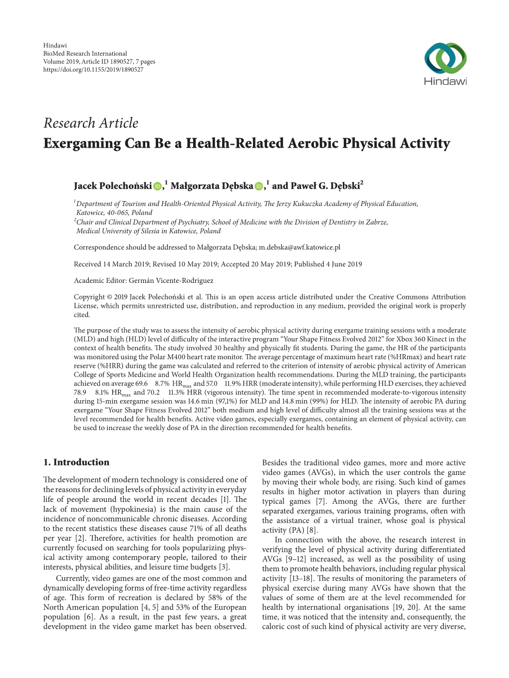 Research Article Exergaming Can Be a Health-Related Aerobic Physical Activity