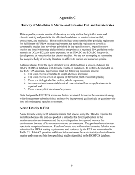 Appendix C Toxicity of Malathion to Marine and Estuarine Fish And