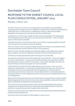 RESPONSE to the DORSET COUNCIL LOCAL PLAN CONSULTATION, JANUARY 2021 Monday, 1 March 2021