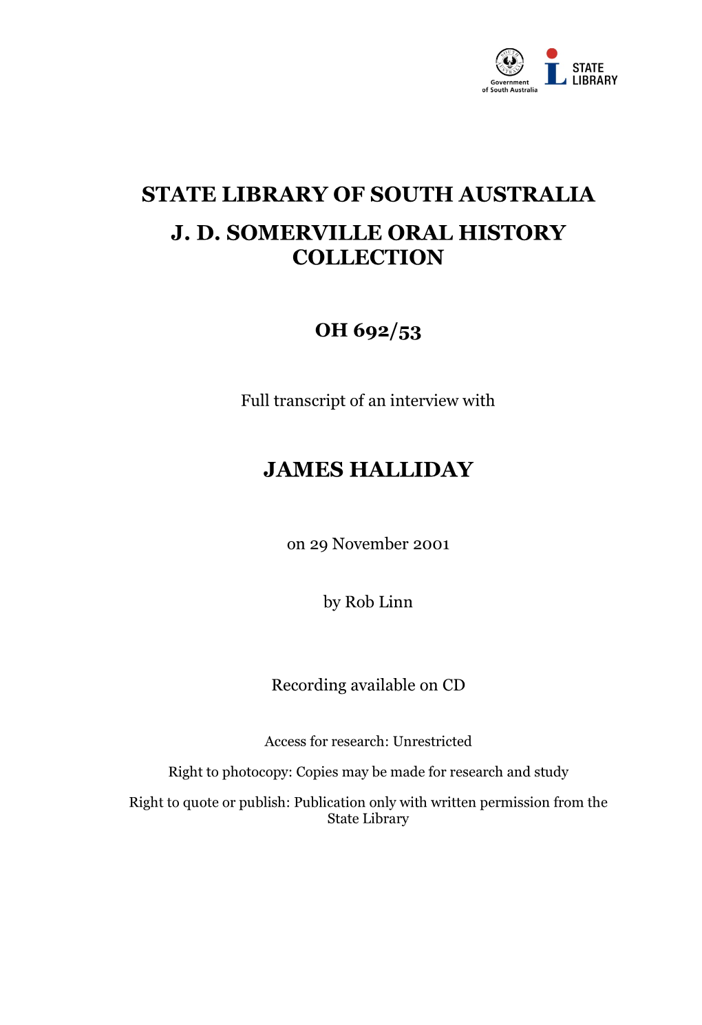 State Library of South Australia Jd Somerville Oral History Collection