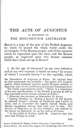 The Acts of Augustus As Recouded on the Monumentum Ancyranum