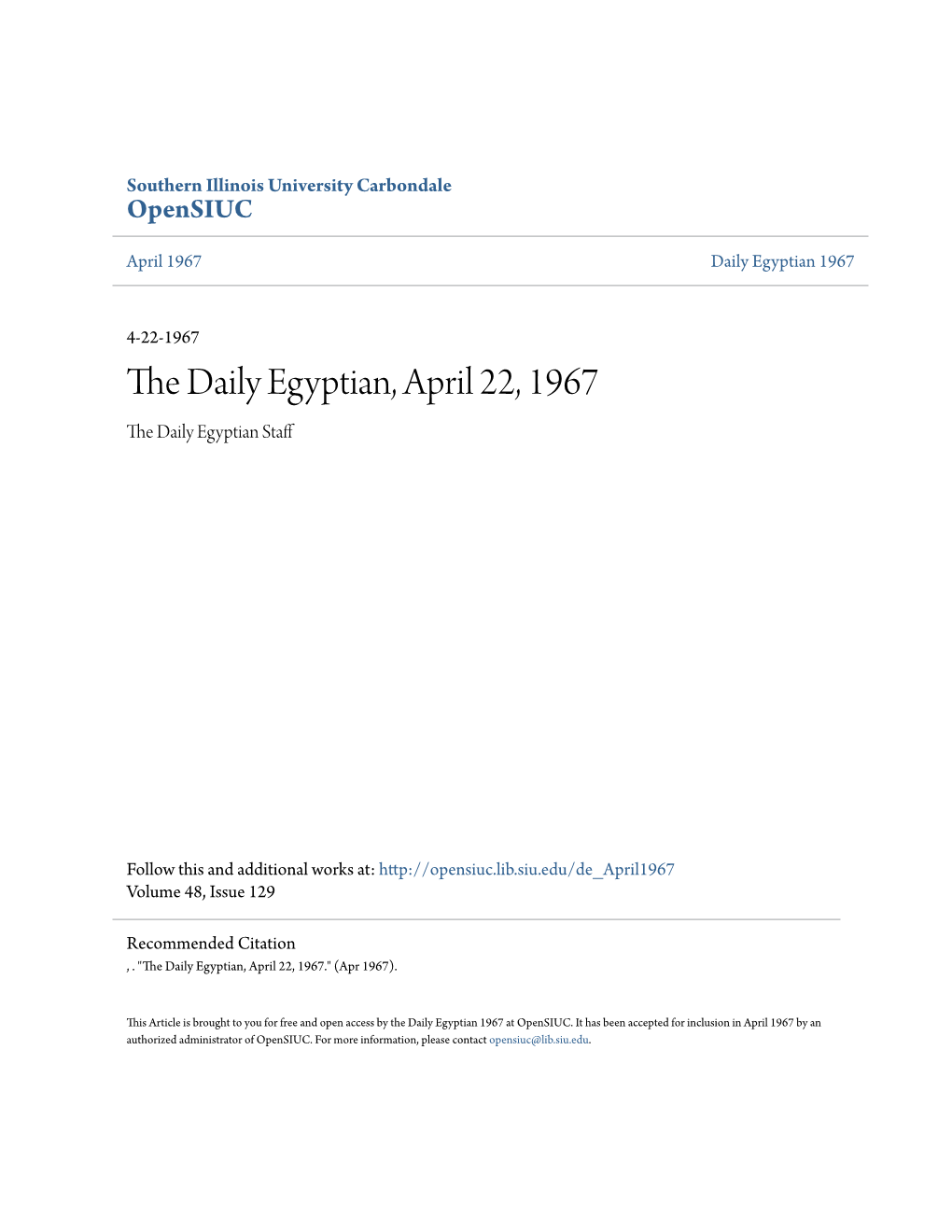 The Daily Egyptian, April 22, 1967