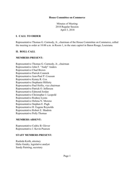House Committee on Commerce Minutes of Meeting 2018 Regular