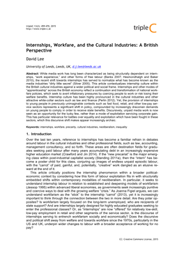 Internships, Workfare, and the Cultural Industries: a British Perspective