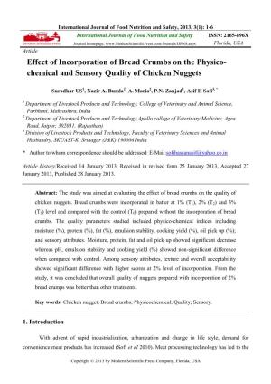 Effect of Incorporation of Bread Crumbs on the Physico- Chemical and Sensory Quality of Chicken Nuggets