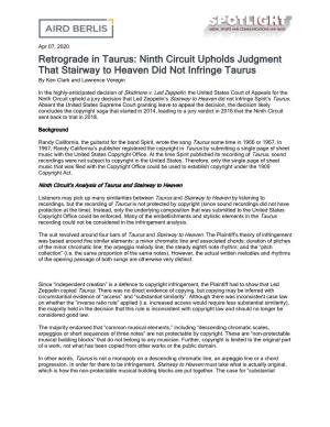 Ninth Circuit Upholds Judgment That Stairway to Heaven Did Not Infringe Taurus by Ken Clark and Lawrence Veregin