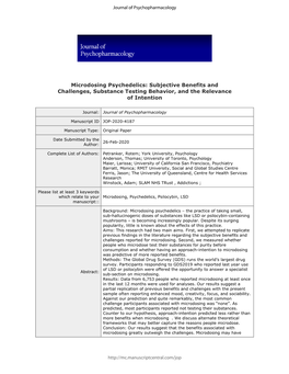 Microdosing Psychedelics: Subjective Benefits and Challenges, Substance Testing Behavior, and the Relevance of Intention