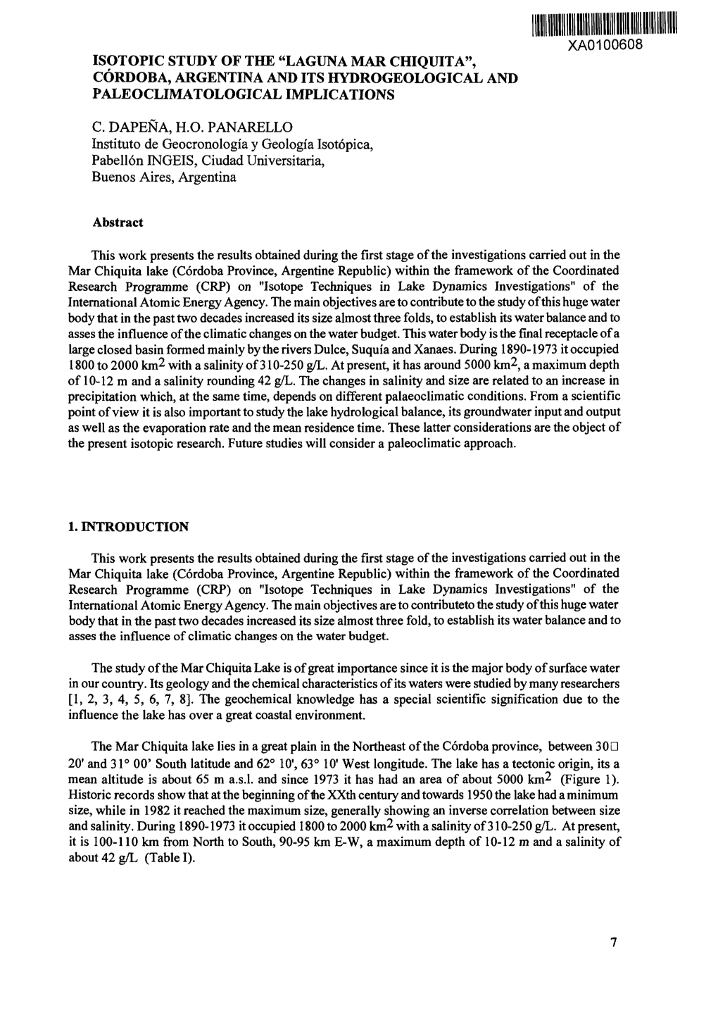 Isotopic Study of the ''Laguna Mar Chiquita'