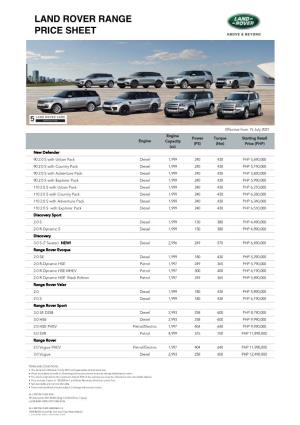 Land Rover Range Price Sheet