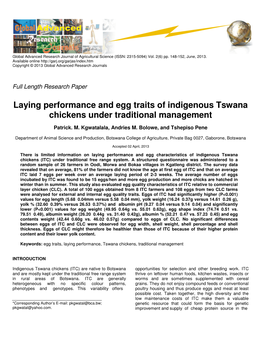 Laying Performance and Egg Traits of Indigenous Tswana Chickens Under Traditional Management