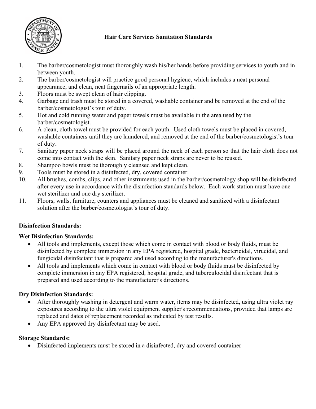 Attachment A: Barber/Cosmetology Sanitation Standards