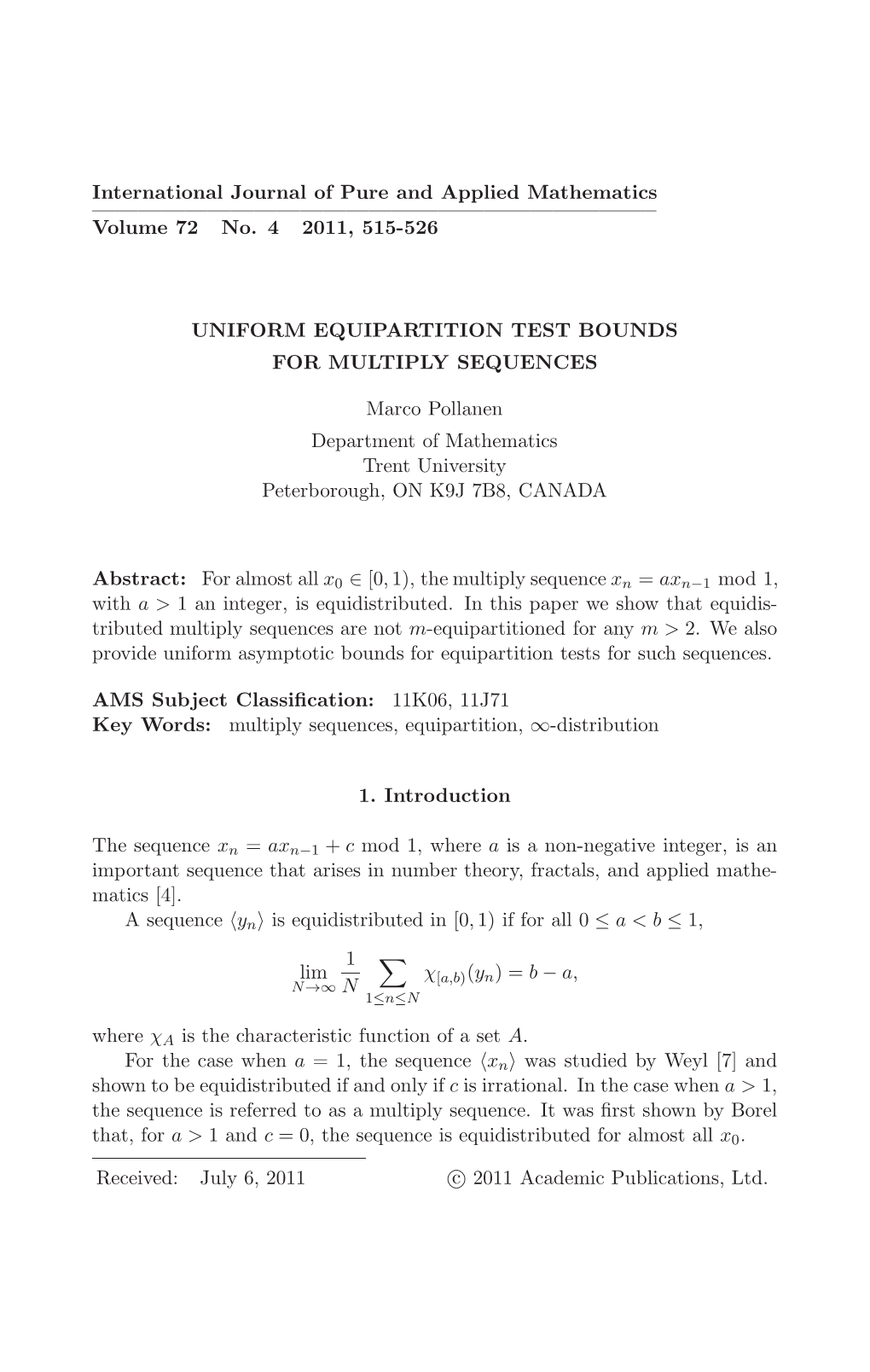 International Journal of Pure and Applied Mathematics ————————————————————————– Volume 72 No