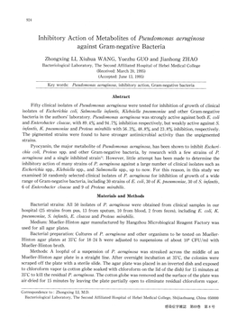 Inhibitory Action of Metabolites of Pseudomonas Aeruginosa Against Gram-Negative Bacteria Zhongxing LI, Xiuhua WANG, Yuezhu