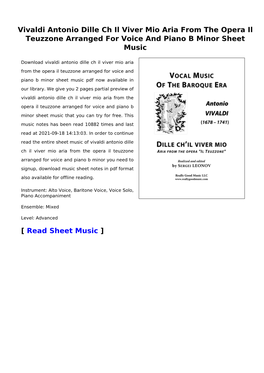 Vivaldi Antonio Dille Ch Il Viver Mio Aria from the Opera Il Teuzzone Arranged for Voice and Piano B Minor Sheet Music