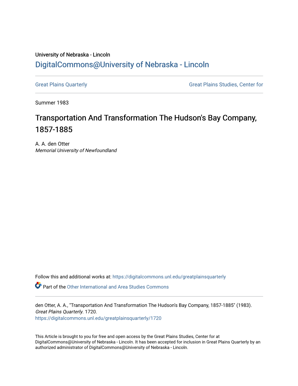 Transportation and Transformation the Hudson's Bay Company, 1857-1885